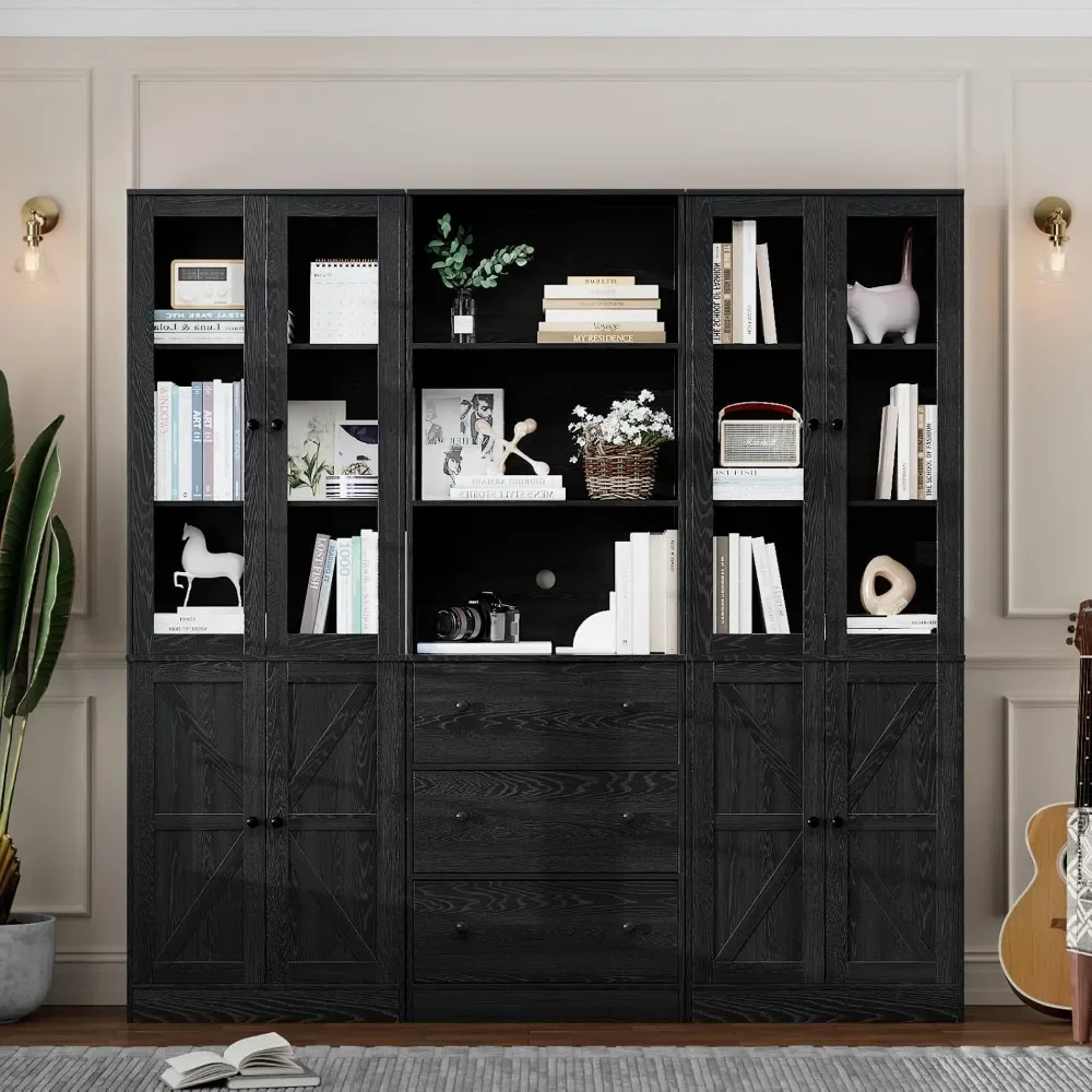 

71" Tall Bookshelves Set of 3, 1 Bookcases with Drawers & 2 Bookshelf with Doors, Black Bookshelves Standing Display, Cabinets