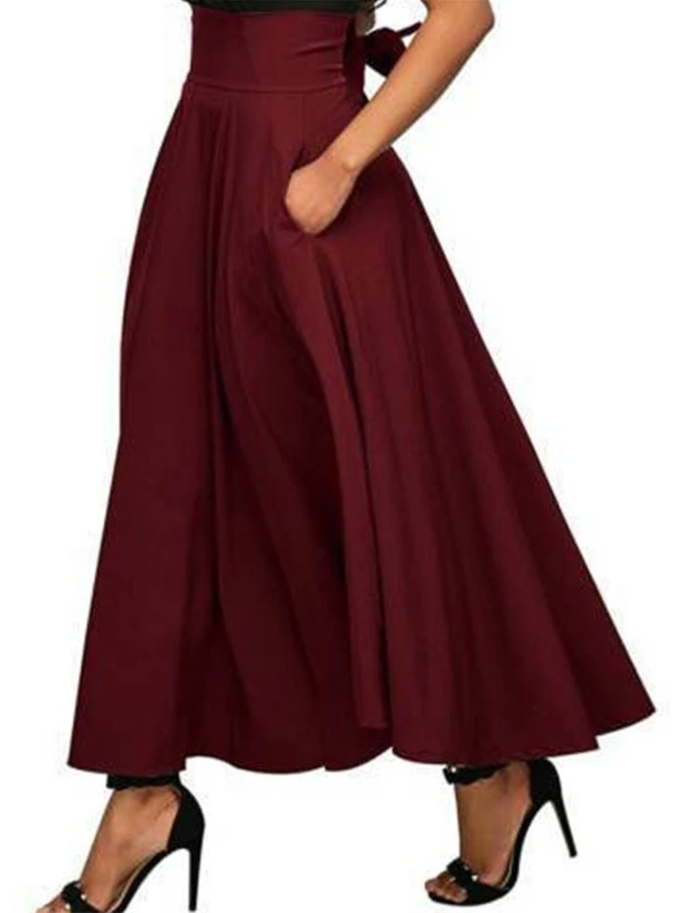 CHSDCSI Women Back Bow Loose Club Elastic Pleated Skirt High Waist Pocket Fashion Wide Lady Vintage Bottom