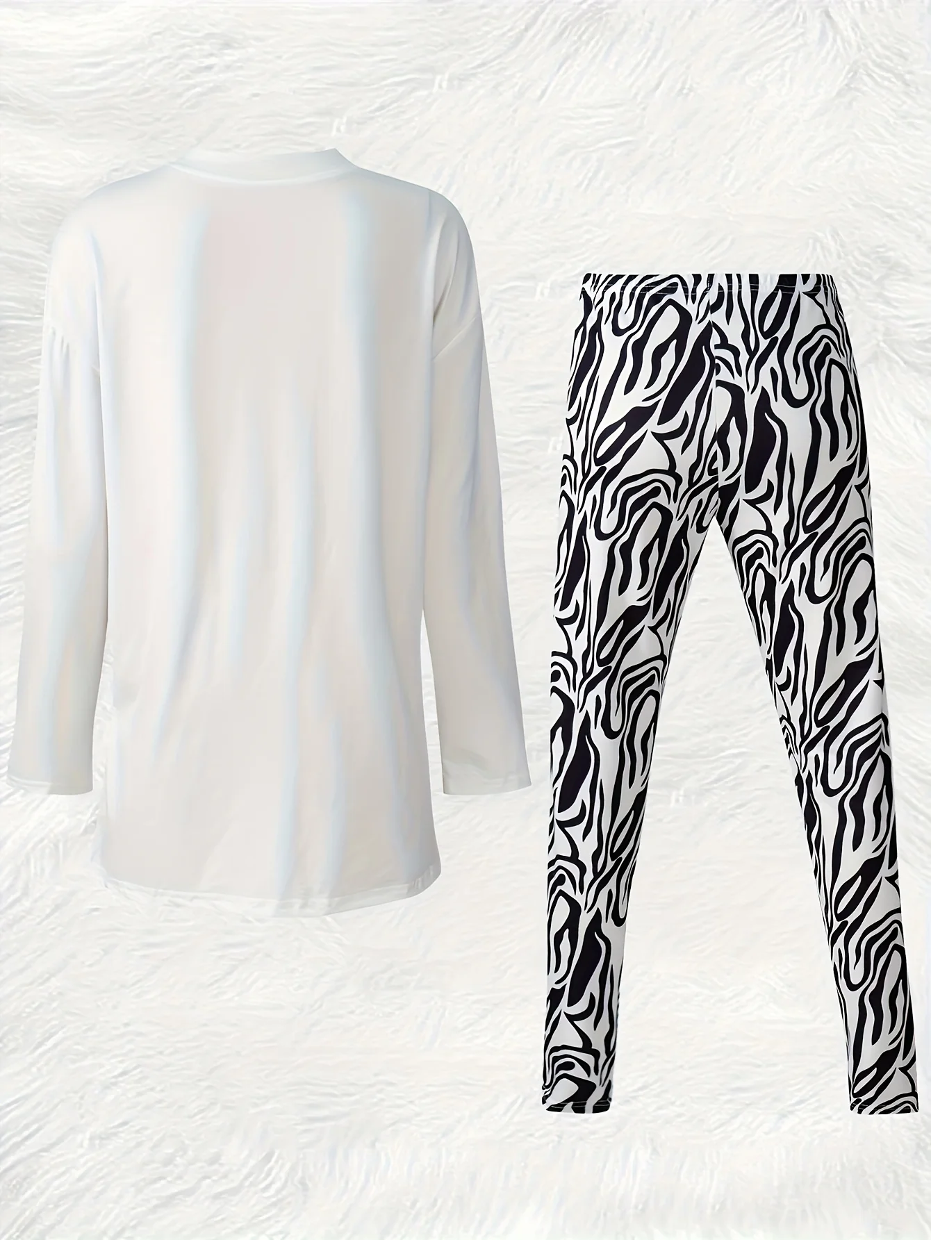 Women's Zebra Print Loungewear Set, Long Sleeve Split Hem Top & Zebra Striped Leggings Casual Pajamas