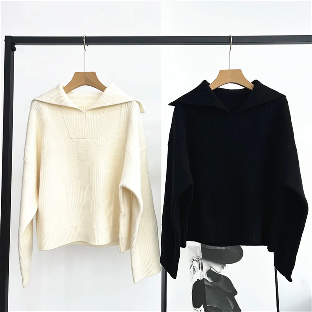 

25 Autumn/Winter New Women's Navy Collar Shoulder Long Sleeve Loose Wool Knitted Casual Pullover