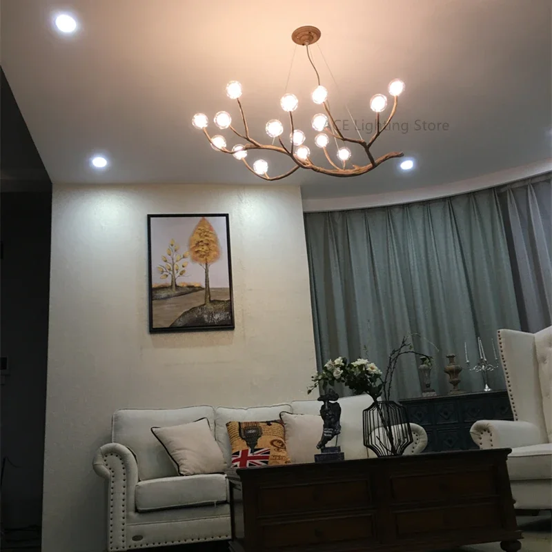 Simulatie Hars Ijzer Boomtak Glas Bubble Led Hanger Kroonluchter Voor Woonkamer Eetkamer Retro House Decor Opknoping Verlichting