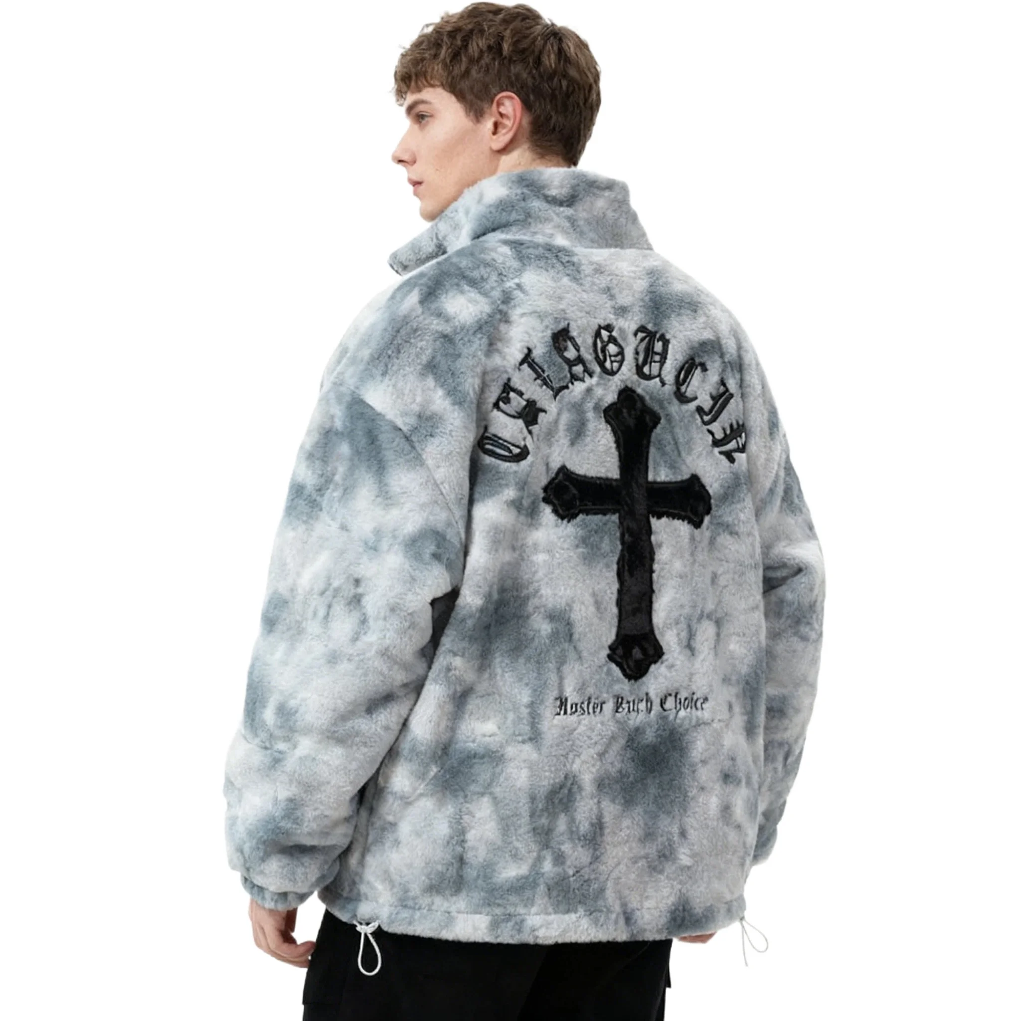 Trend Couple's Tie-Dye Plush Jacket Women Men Winter Coat American Streetwear Fuzzy Imitation Fur Embroidery Letters Padded Coat
