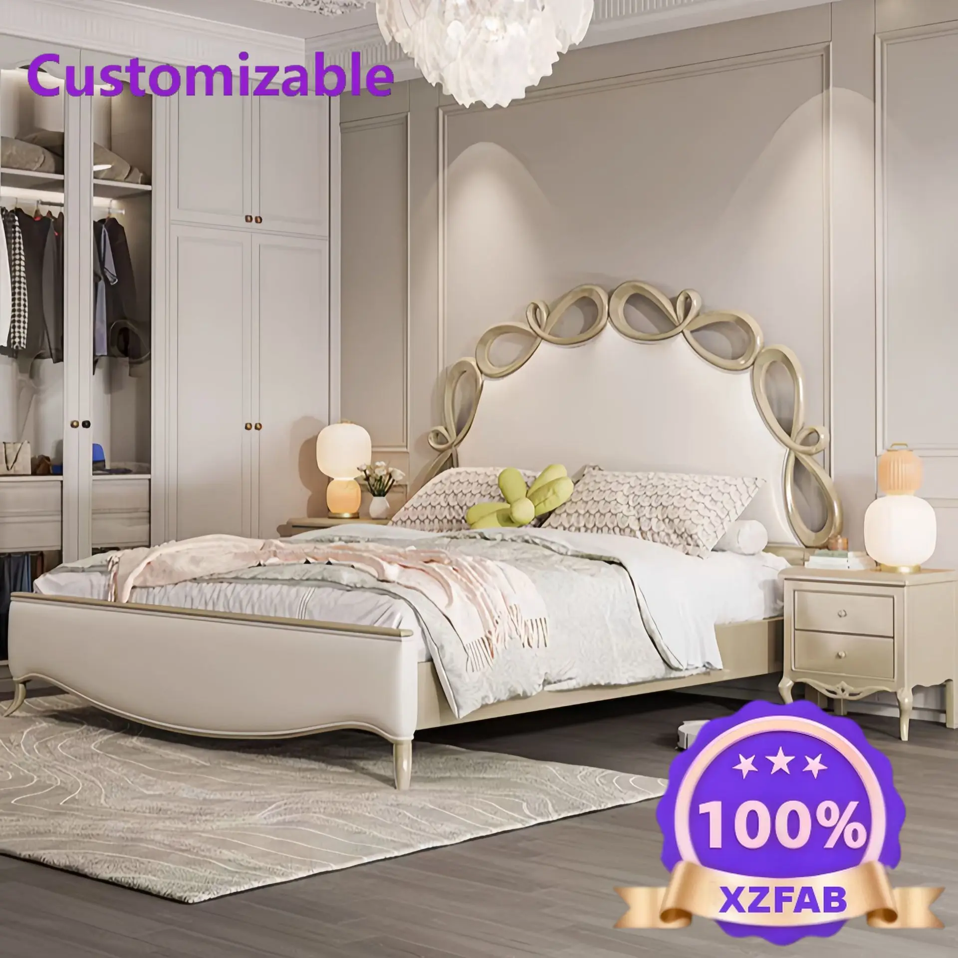 Factory Direct 2026 American light luxury solid wood bed 1.8 meters master bedroom double bed bow carved princess big bed French