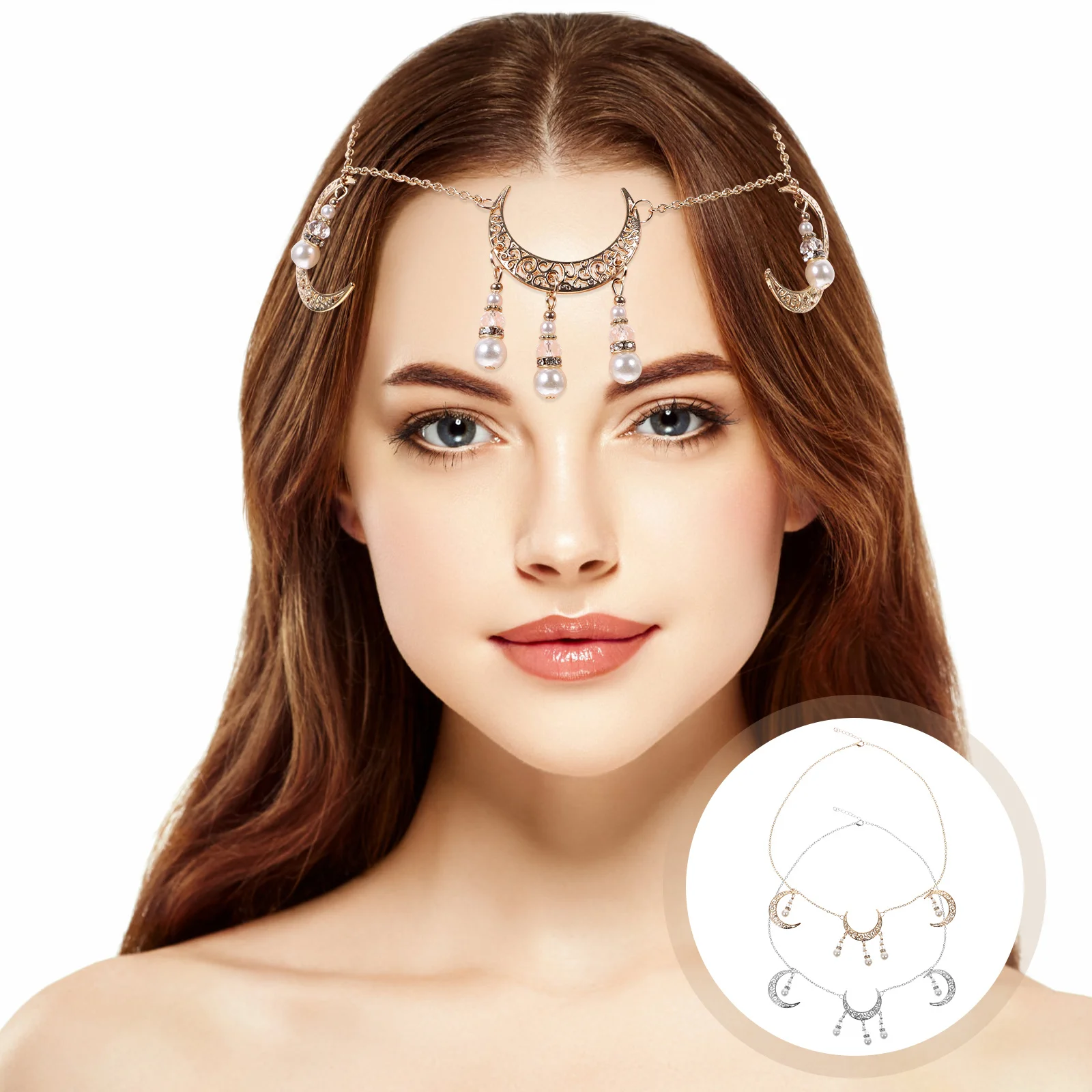 

2Pcs Bohemian Head Chain Crystal Moon Pendant Festival Party Hair Jewelry Women Accessories Bohemian Forehead Chain