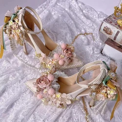 Fatto a mano splendido Lolita tacco sottile rosa tacchi alti peonia coniglio Lolita scarpe in stile cinese Cos Sweet Loli Flower scarpe da sposa