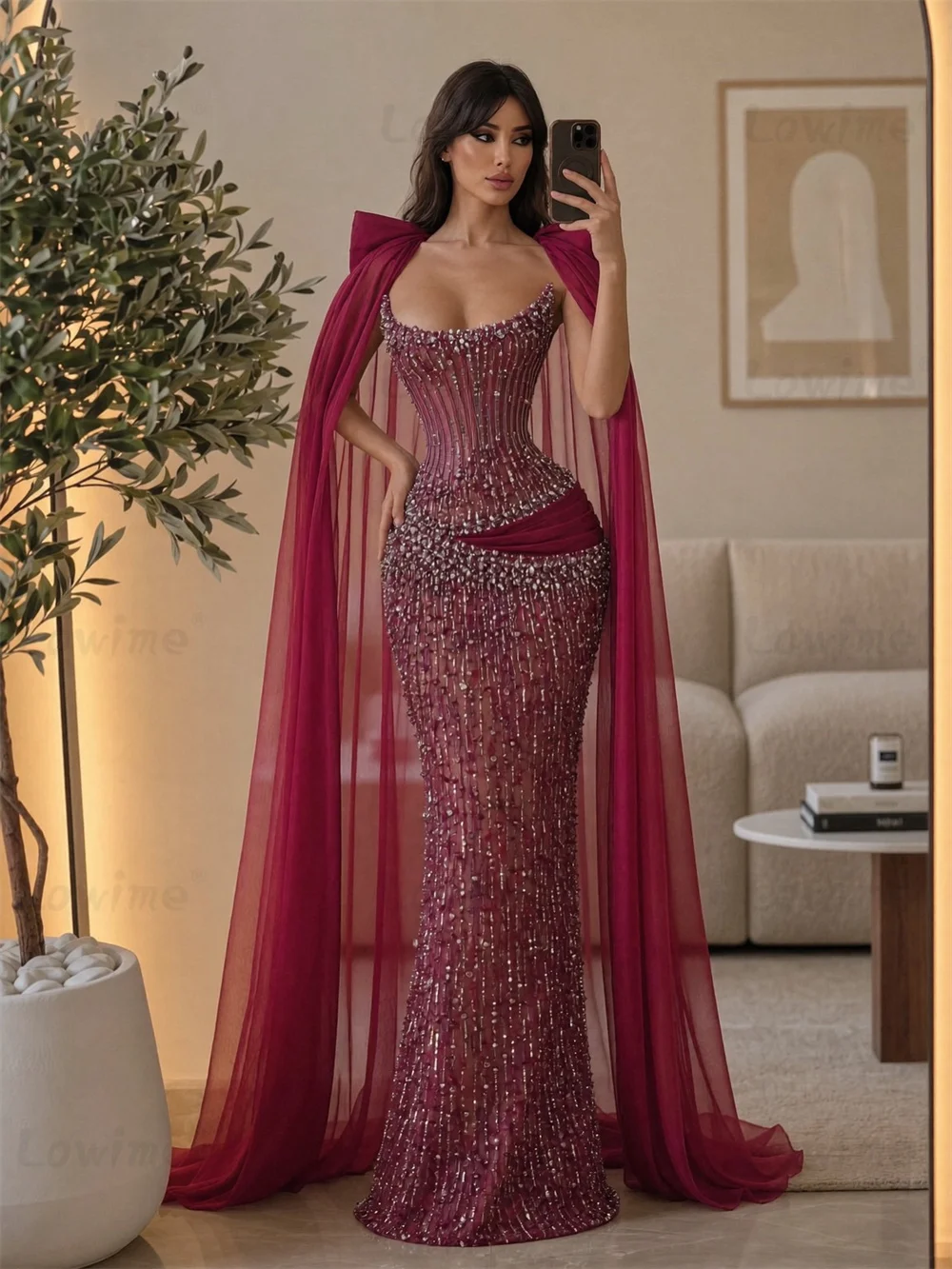 Burgunderrotes Abendkleid mit langen Cape-Ärmeln im Meerjungfrauenstil, Perlenbesetztes Ballkleid für Hochzeit, Verlobung, Party, Vestidos De Gala, Maßanfertigung