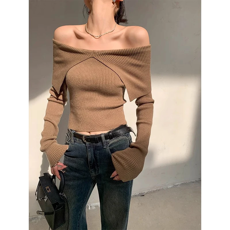 MEXZT Slash Neck Sweater Women Sexy Cropped Off Shoulder Knitted Pullovers Korean Elegant Black Knitwear Winter Ladies Jumpers