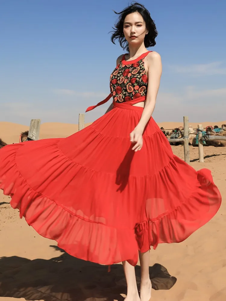 Jastie 2025 Abito estivo da donna in chiffon Abiti lunghi da spiaggia bohémien Abito lungo sexy con ricamo etnico Boho a vita cava