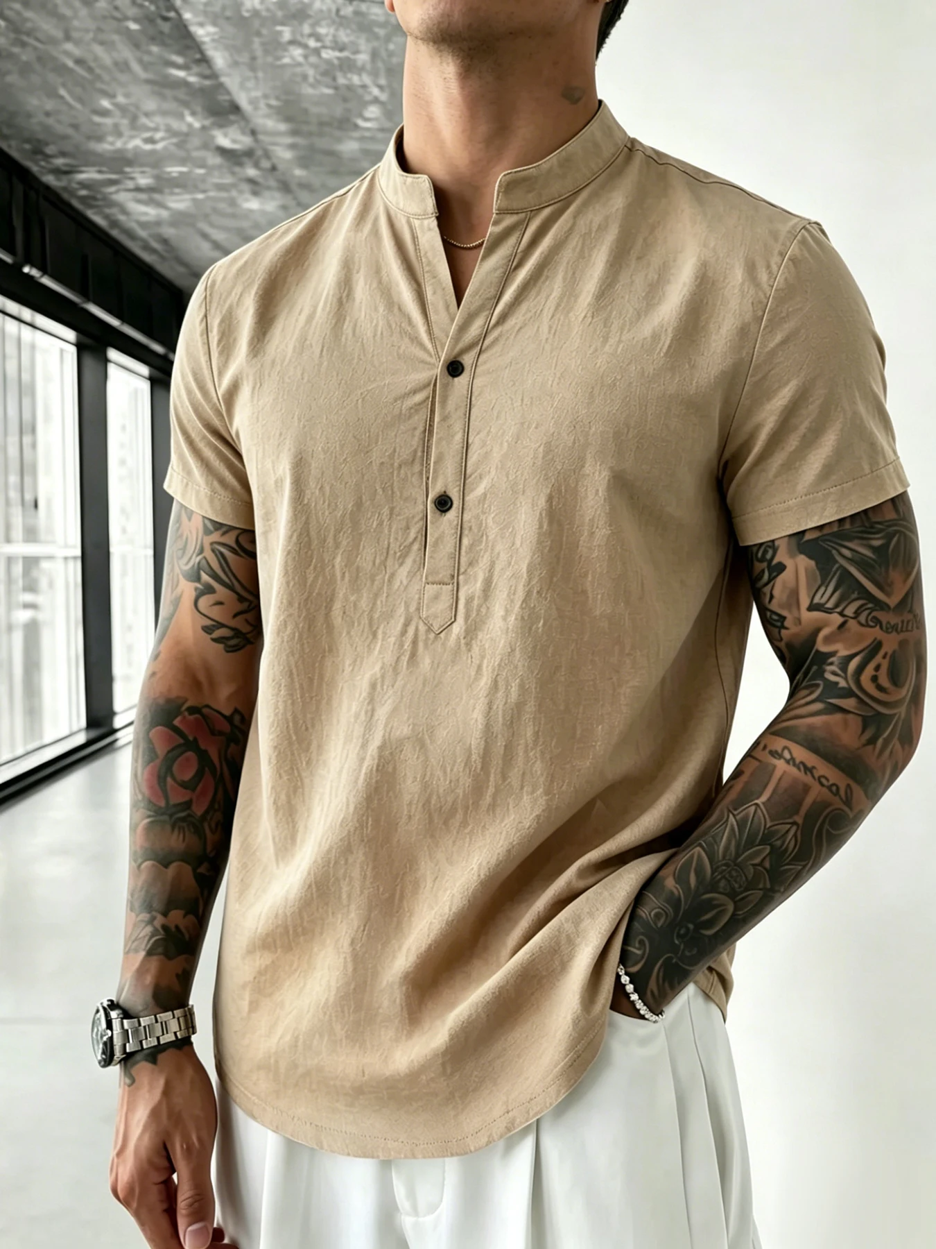 Men's Mature Business Stand Collar Henley Shirt, Half Placket, Textured Breathable Fabric for Office Commute & Business Casual
