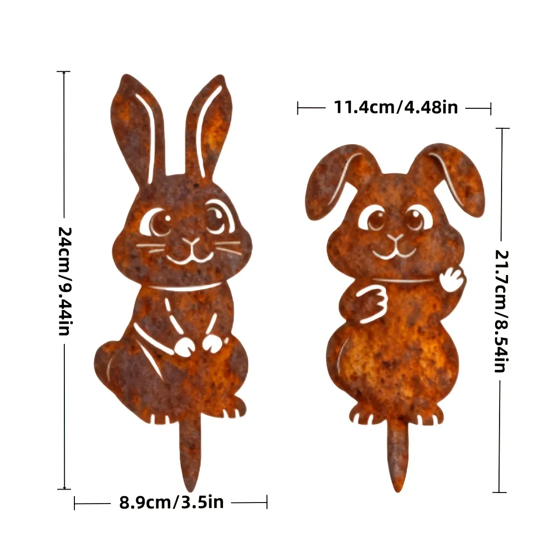 2pcs Set Rustic Metal Garden Stakes | Easter Cute Rabbit Garden Signs, Floor Mount Decor for Home Villas, Lawns, and Gardens