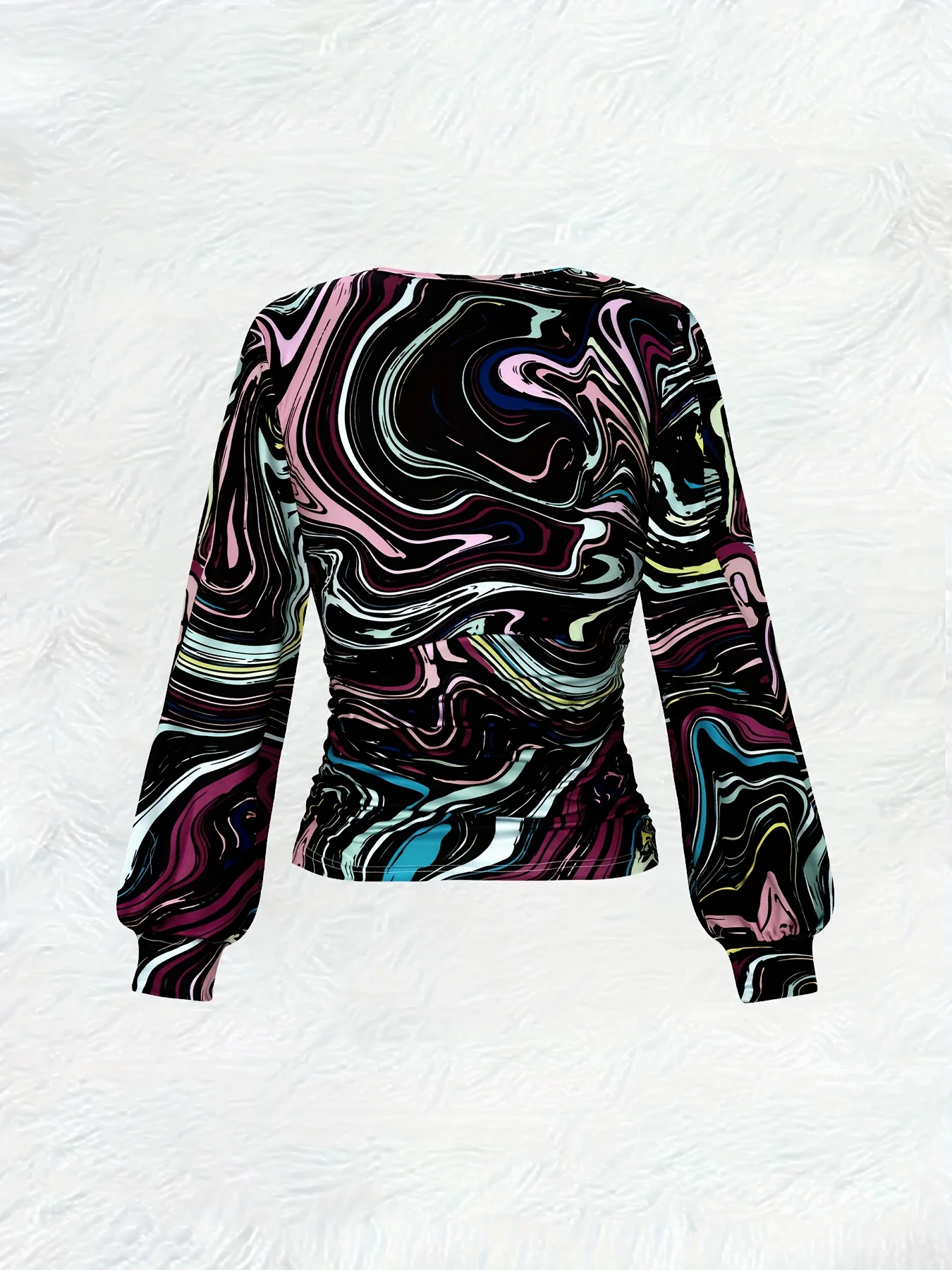 Women V Neck Lantern Sleeve Blouse Colorful Marble Print Ruched Waist Slim Street Casual Top