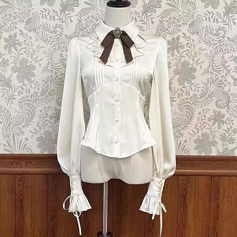 Japanese Vintage Lolita Shirts Women Y2k Ruffles Gigot Sleeve Slim Blouses Female Elegant Princess Shirts Tops Camisas De Mujer