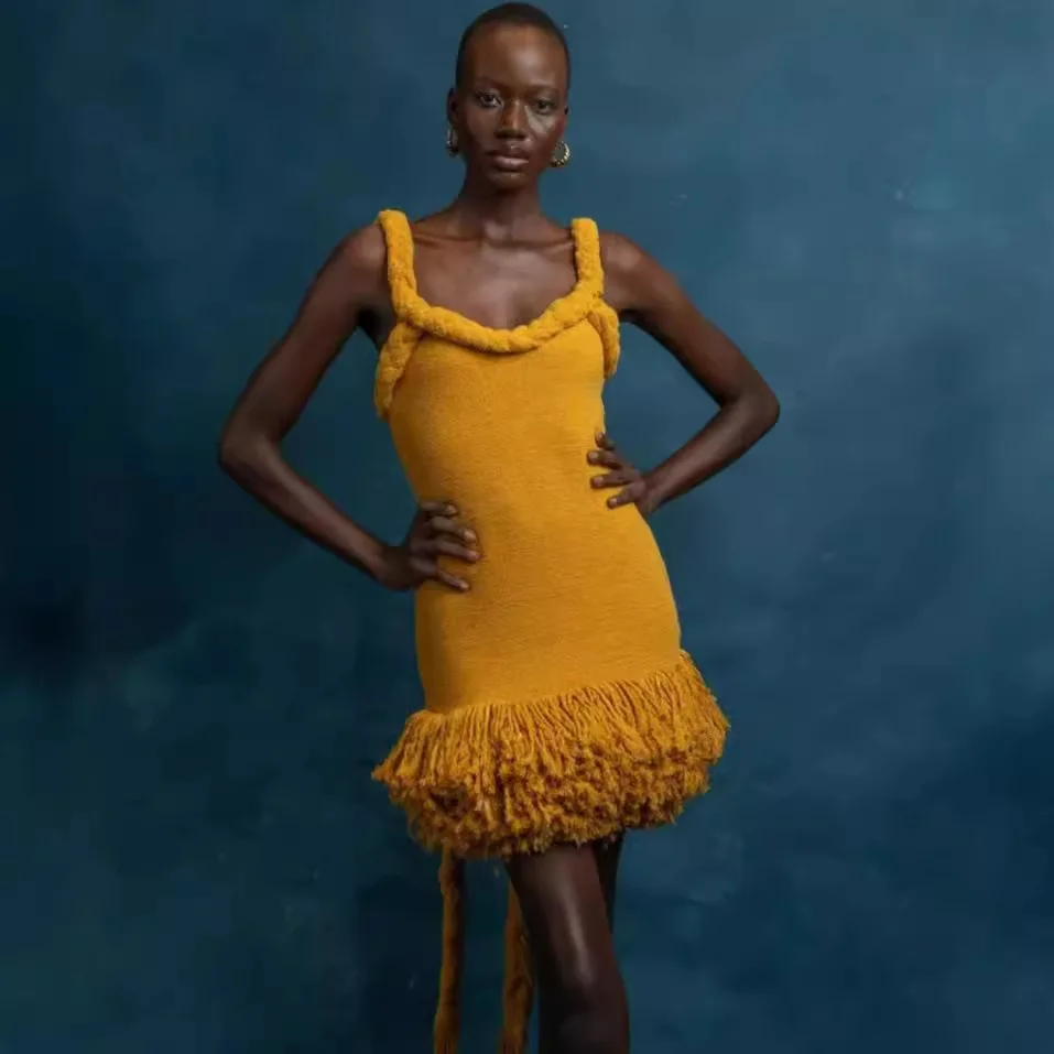 

Handmade Knit Dress with Macrame Strap Fringe Hem, Knitted Dresses for Women Spring Summer