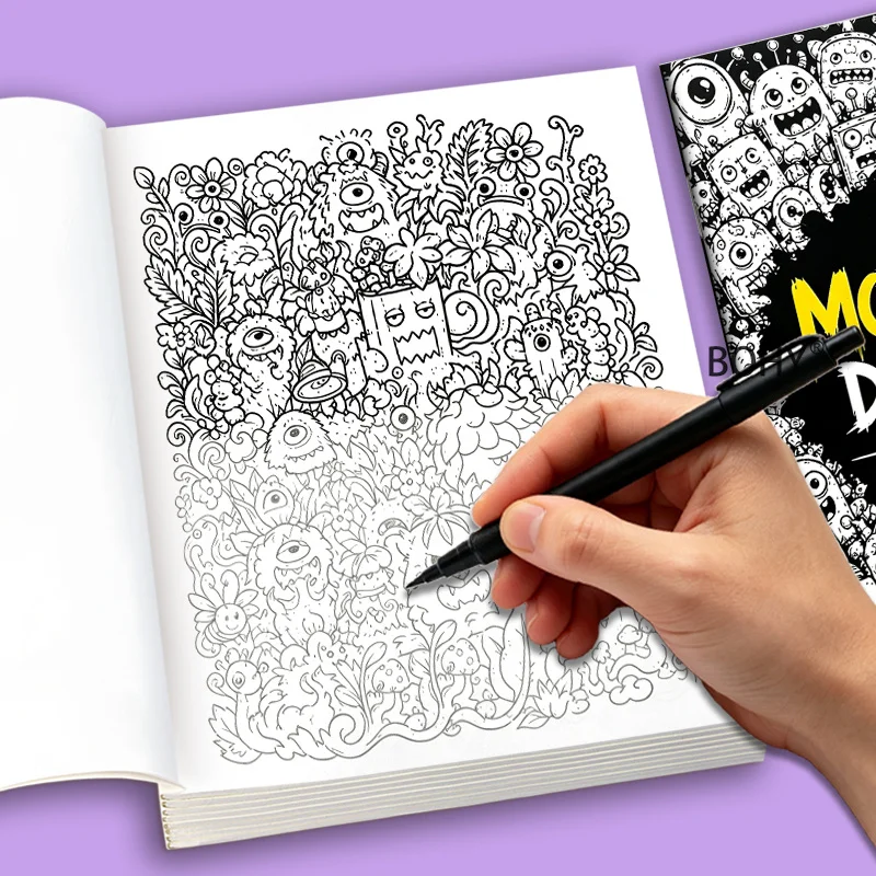 1 Adult Decompression Graffiti Copying and Coloring Book, 24 Pages of Theme Patterns Like Monster Camping and Mechanical Robots