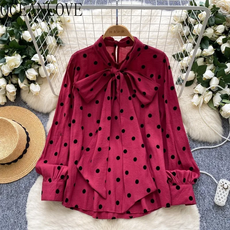 

OCEANLOVE Sweet Bows Blouses Polka Dot Spring Autumn Vintage Women Shirts Korean Fashion Elegant Loose Blusas Mujer