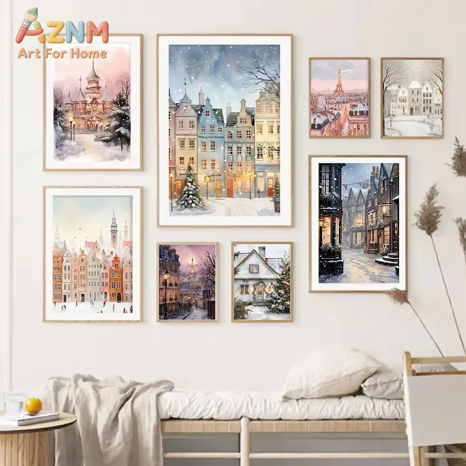 1PC Minimalist Posters Romantic winter Snow at night in Paris Snow house Christmas tree Fashion Wall Art Home Room Decor