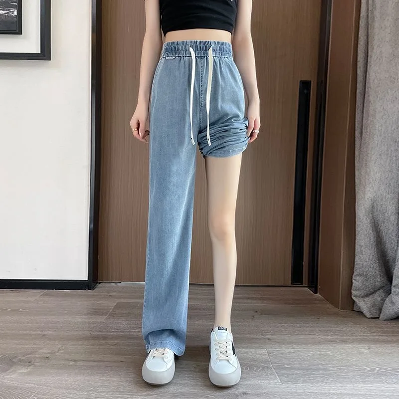 2024 Thin High Waisted Jeans Women Summer New Korean Fashion Wide Leg Jeans Vintage Casual Straight Denim Pants Y2k Sweet Girls