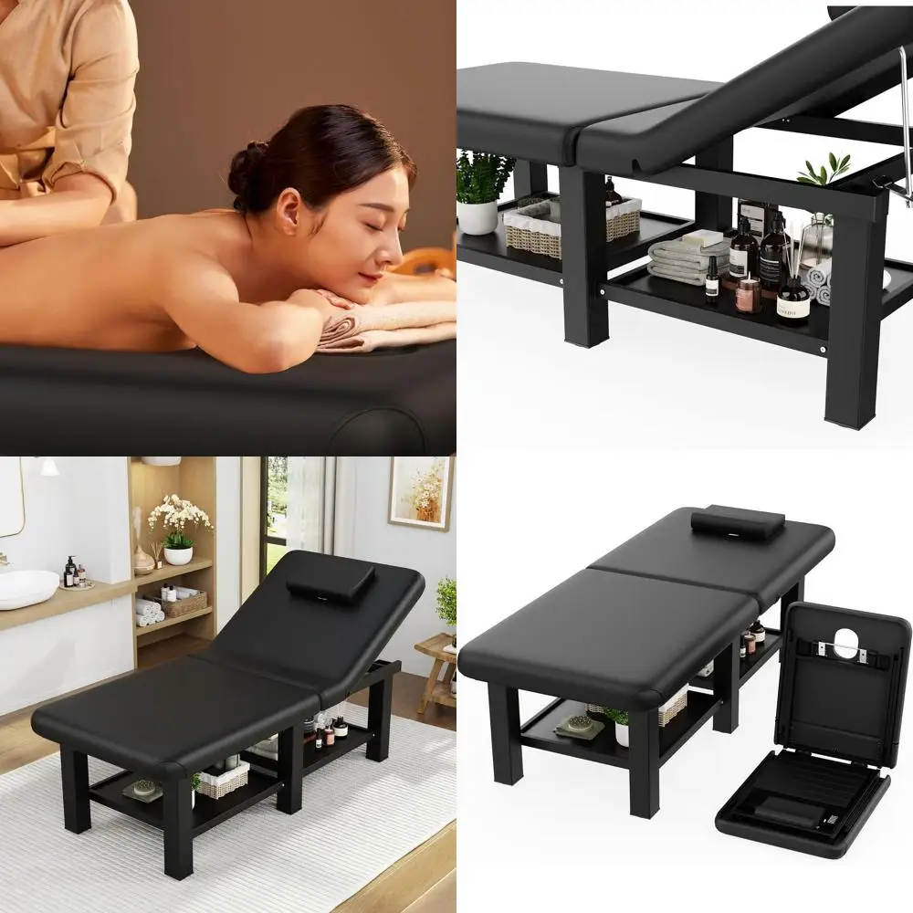 

Массажный стол с подголовником, местом для хранения, металлическим каркасом на 6 ножках, черной искусственной кожей, 30,5x75 см.