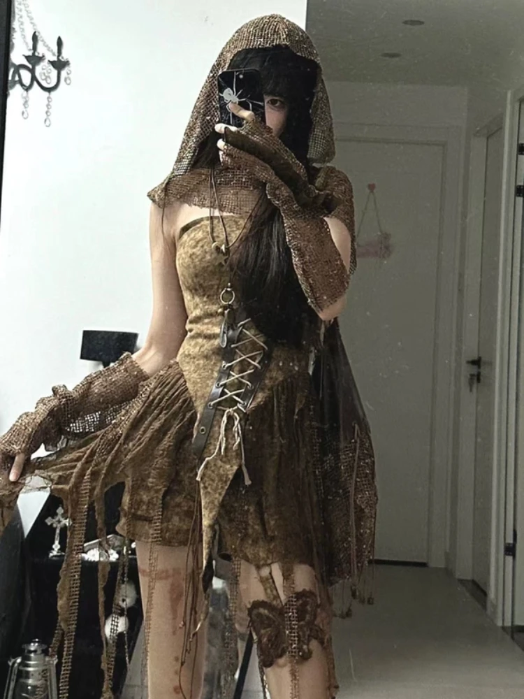 Spring Gothic Brown Vintage 3 Piece Set Women Sexy Lace Y2k Party Mini Pants Suit Female Korean Fashion Retro Designer Outfits image 2