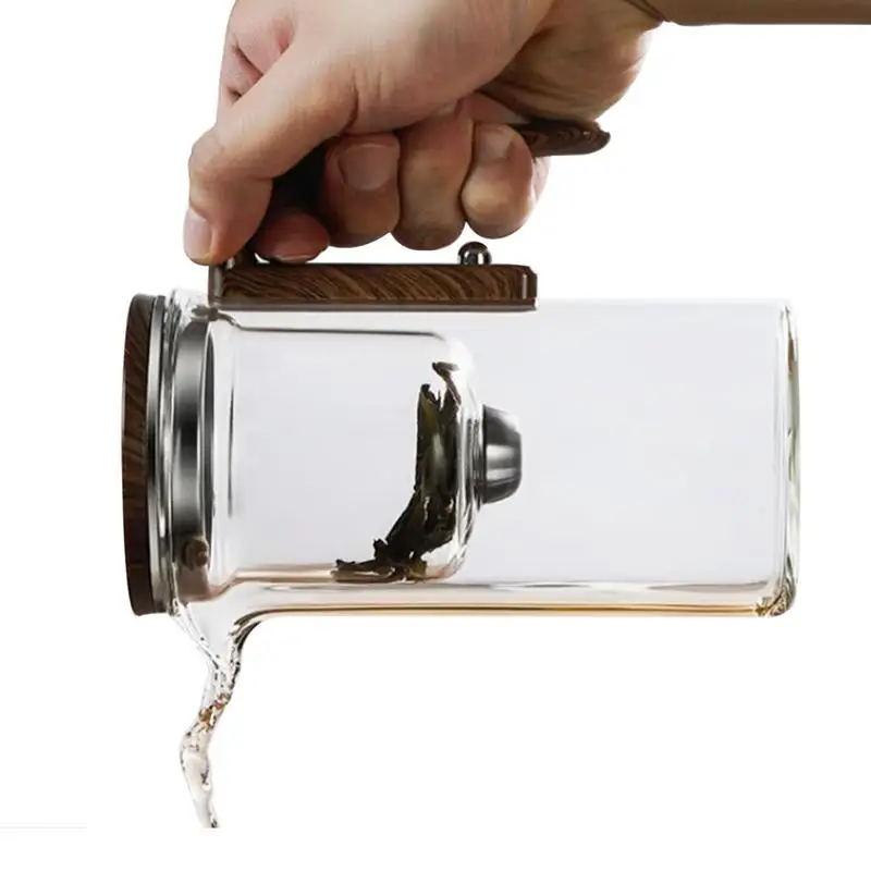 Clear Glass Tea Pot Kettle Infuser Teapot  One Click Magnetic Switches Wood Handle Tea Water Separation Inner Container Teapot