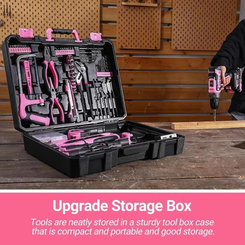 Pink Drill Tool Kit Set: 20V Cordless Power Drill Tool Box with Battery Electric Drill Driver for Men Home Hand Repair Basic Too