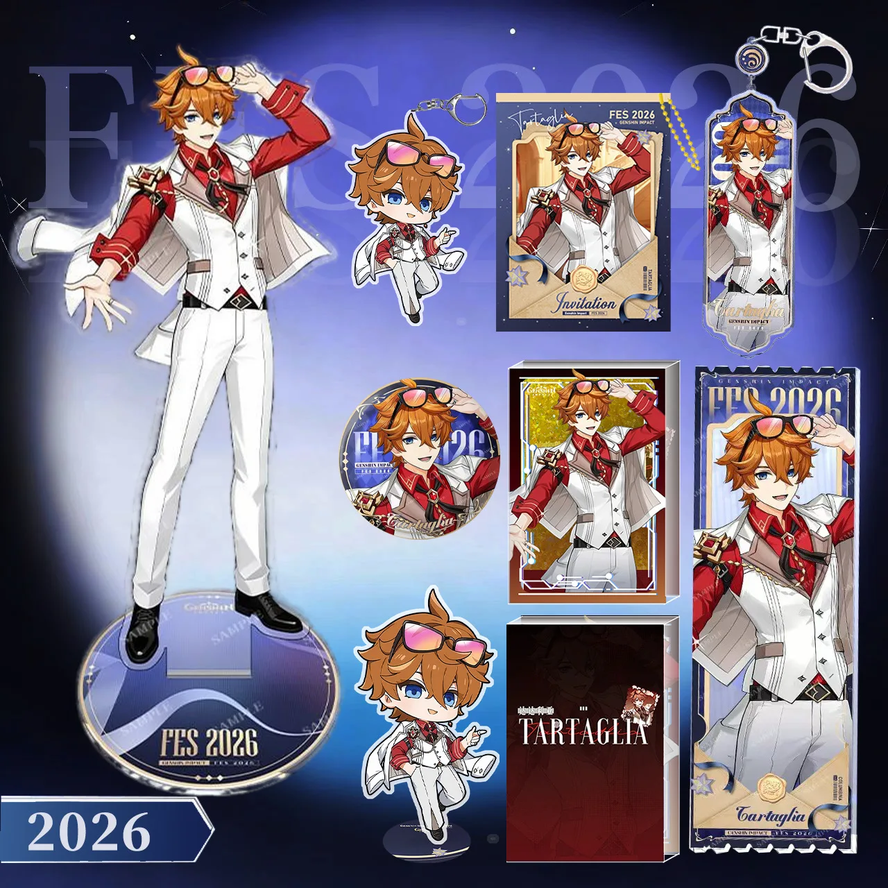 Game Yuanshen Tartaglia 2026 FES Peripheral 8pcs Set Double Flash Badge 16CM Large Acrylic Standee Keychain Genshin Impact