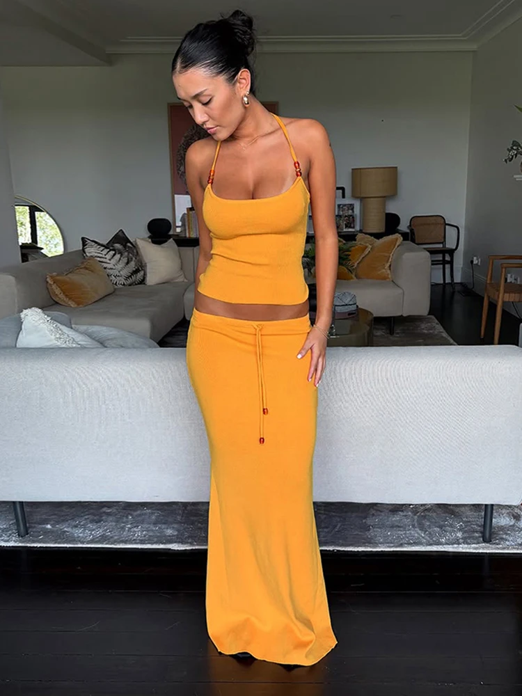 Kliou Sederhana Musim Panas Yang Sesuai dengan Set Klasik Padat Perban Halter Slim Backless Tank + Rok Maxi Wanita Dasar High Street Setelan