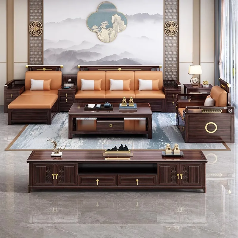 New Chinese ebony all-solid wood sofa combination living room modern light luxury small apartment corner high box storage fur