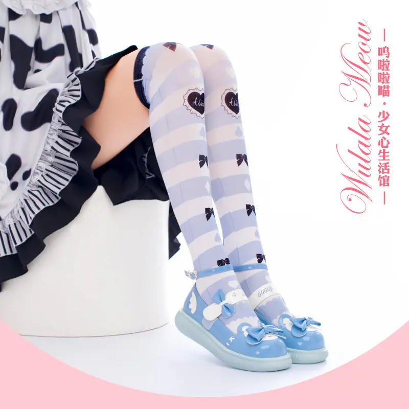 Original Cute Lolita Over-the-knee Socks Women Colorful Dopamine Thigh High Stockings With Bow  Heart Pattern