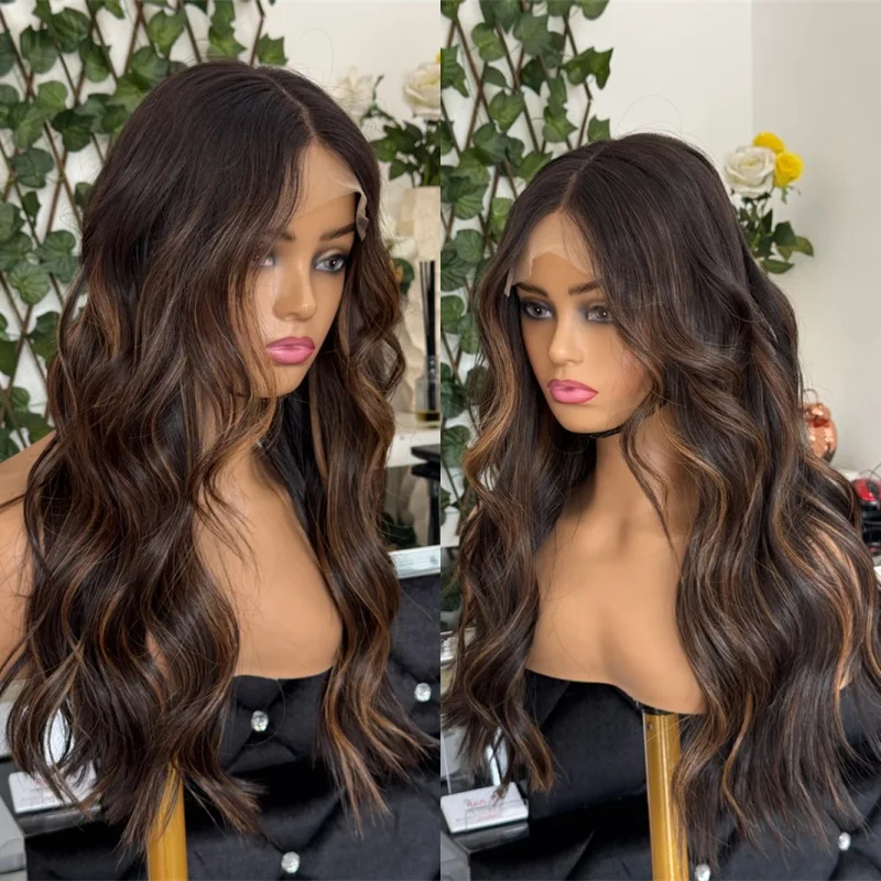 

Женский парик New In Ombre Brown Highlight Wig Высококачественный синтетический HD парик фронта шнурка Мягкий длинный объемный парик Парик высокого качества