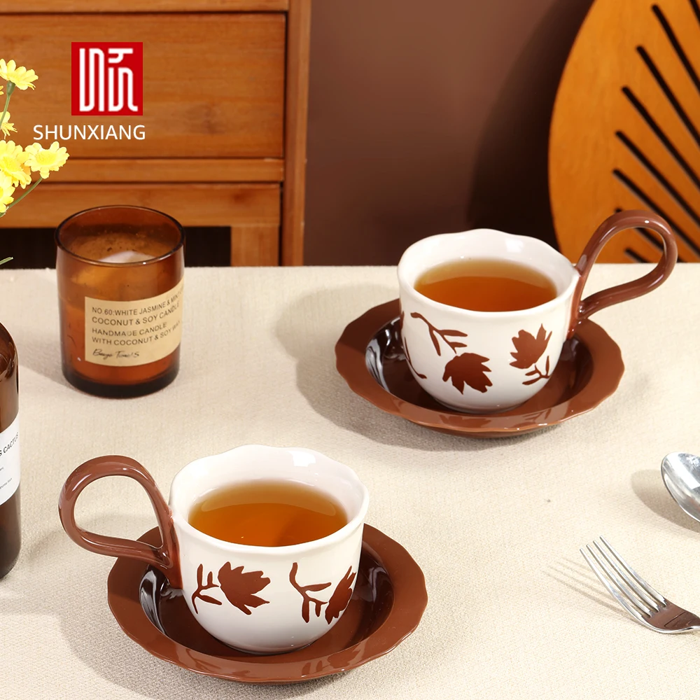 SHUNXIANG Ceramic Cup&saucer Set 280ml Pattern Floral Coffee Mug Dining Table Milk Mugs Afternoon Tea Teacup Fruits Juice Cup