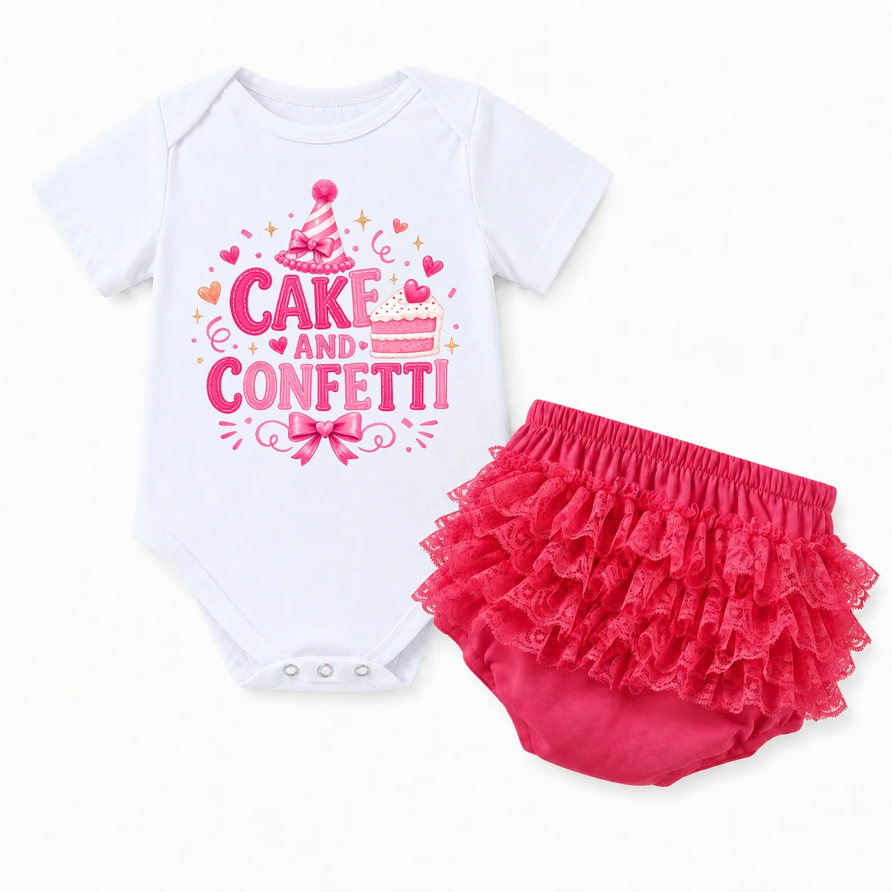 Cake And Confetti Print Baby Girl Birthday Outfit Short Sleeve Cotton Bodysuit + Pink Lace Tutu Skirt Set Infant Cake Smash Part