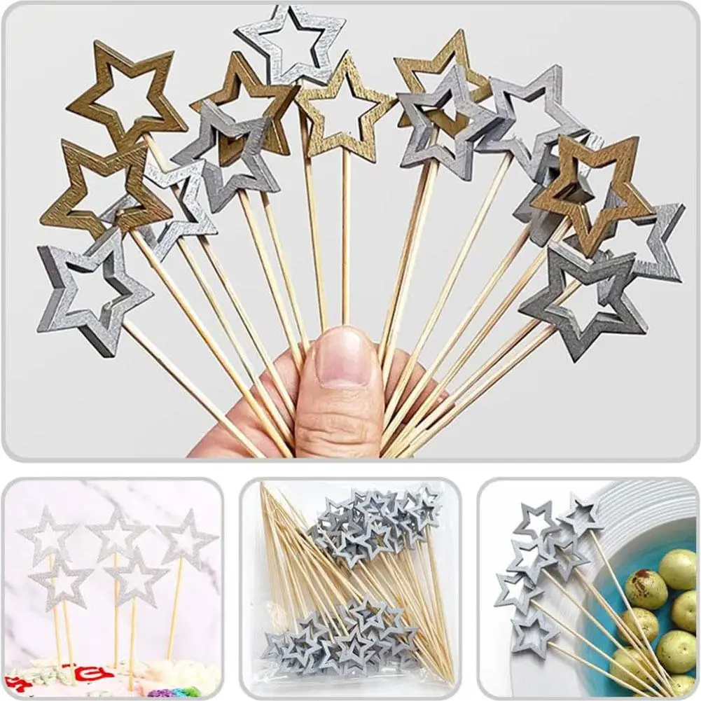 50pcs/100pcs Five Pointed Star Sticks Hollow Star Bamboo String Fruit Sticks Fashion Cake Insertion Sticks Christmas Day Fruit