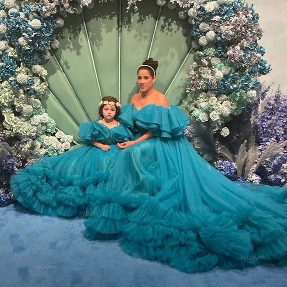 Blue Puffy Tulle Gown Mother and Daughter Matching Dresses Cap Sleeves Long Train Mommy and Me Family Look Photo Shoot Dress