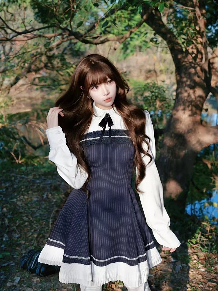 

Striped Patchwork A Line Dress Women Y2K Japanese Sweet Lolita Long Sleeve Mini Dress Female Streetwear Party Night Vestidos