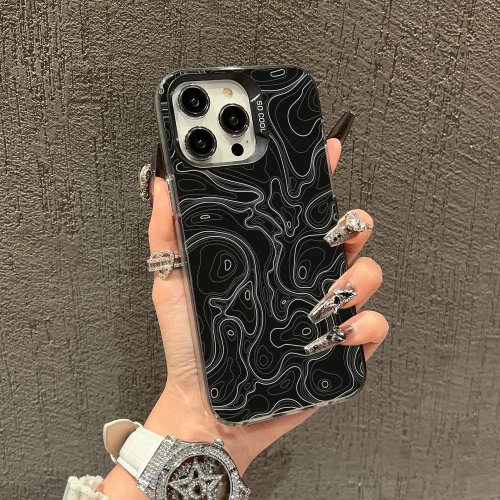 

Black contour line patterne case for iPhone 16 15 14 13 12 11 Pro/ Max/Plus shock-proof rear cover anti-fingerprint