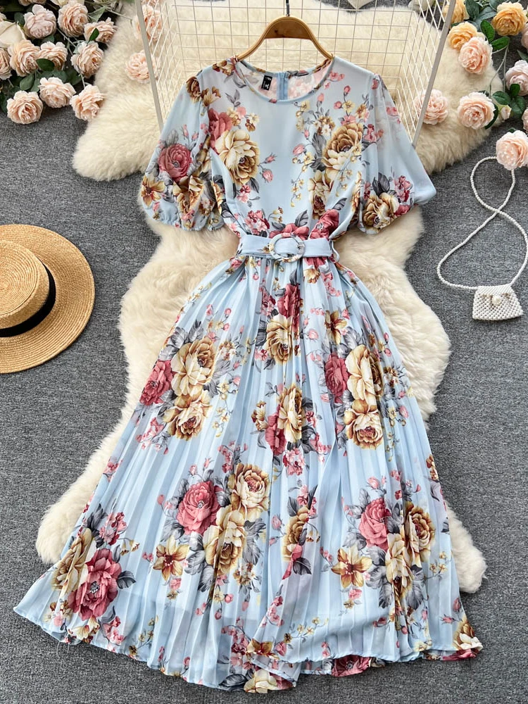 Summer Bohemian Women Floral Print Pleated Midi Dress Elegant Round Neck Puff Sleeve High Waist A-Line Draped Beach Vestidos New