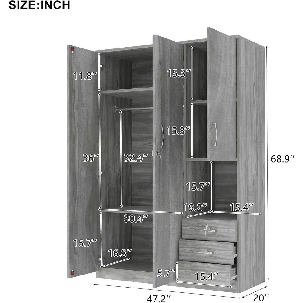 3-Doors Wooden Wardrobe Armoire with Shelves| Drawers and Hanging Rod|Modern Closet Organizer Storage Cabinet for Bedroom