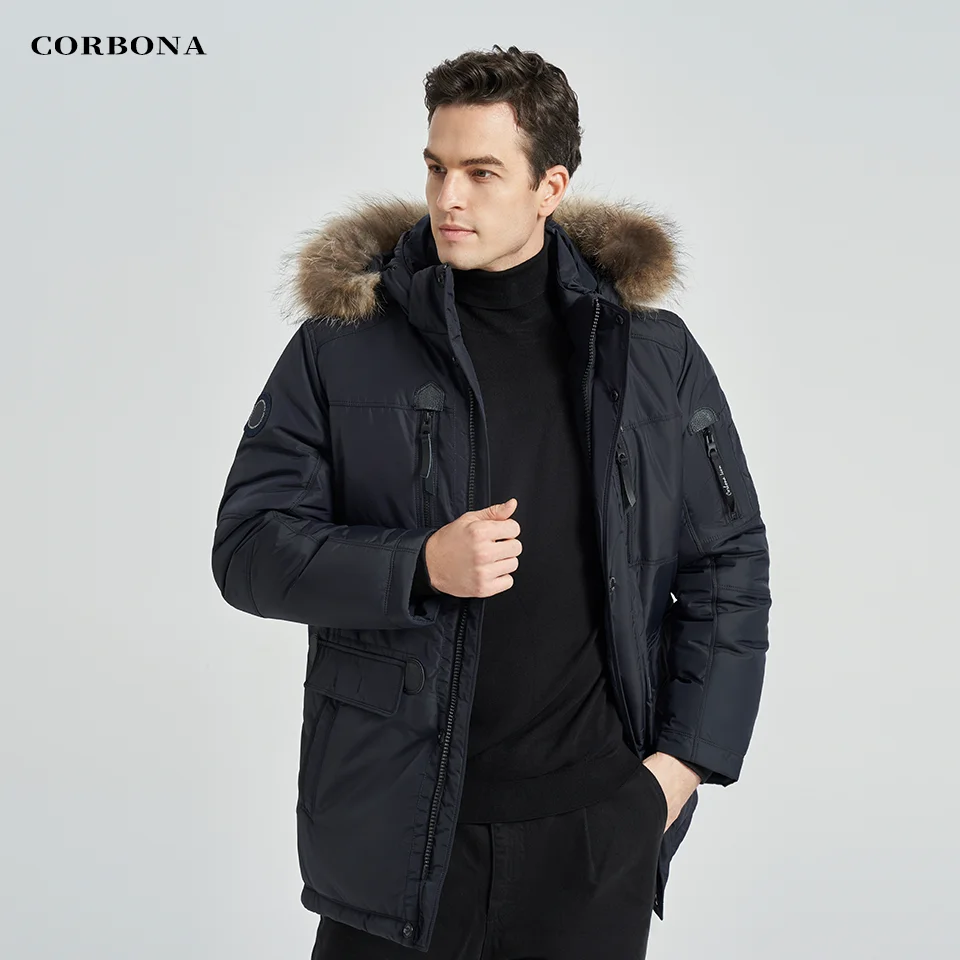 CORBONA-abrigo de invierno con múltiples bolsillos para hombre, Parka informal de gran tamaño con forro de algodón y piel Real, visualización de