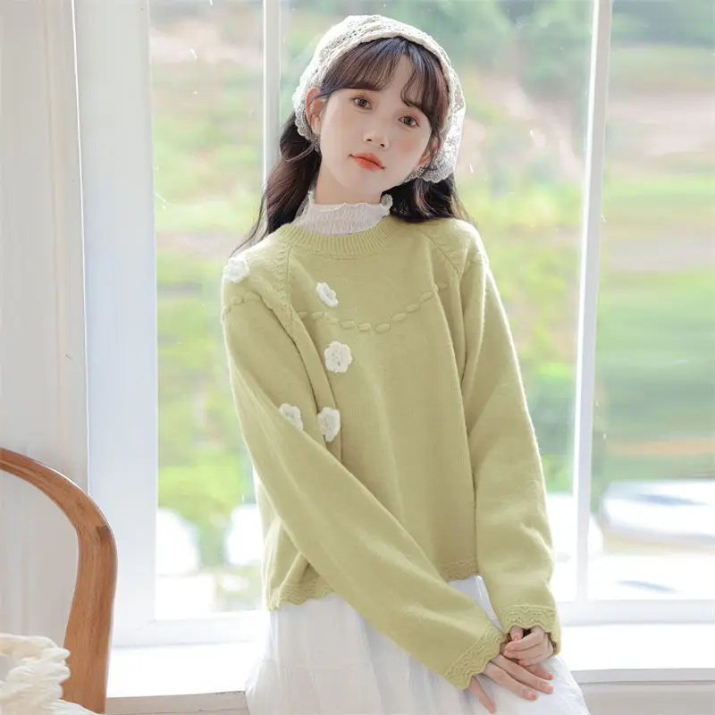 

Korean Sweetheart Elegant Flower Decoration Loose and Warm Pullover Sweater Knitwear Women's Spring Autumn Fashion New Style