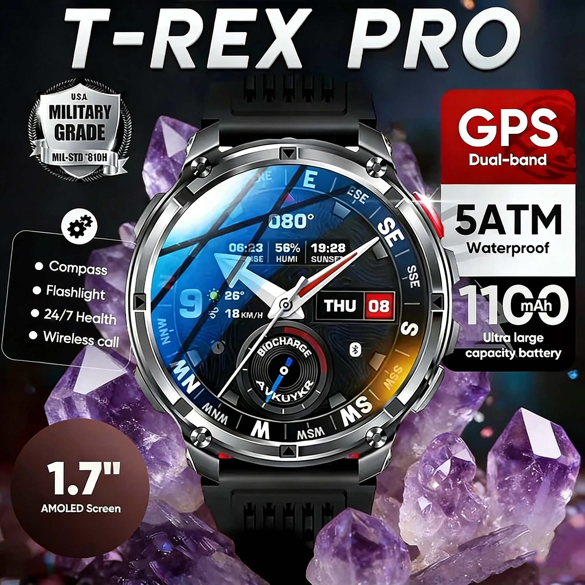 

2026 Новые спортивные умные часы для мужчин с HD-экраном, 1100 мАч, большая батарея, длительное время ожидания, Bluetooth-вызов, спортивные часы, водонепроницаемые