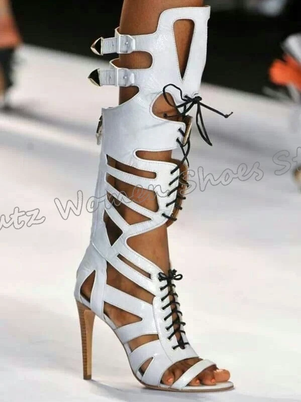 Sneaker Boot Knee High Lace-Up Cross Strap Solid Color Hot Girls Shoes Newest Novelty Fashion Luxury Elegant Runway Show Leather
