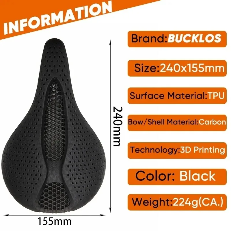 BUCKLOS 3D Printed Carbon Fiber Bike Saddle Ultralight Hollow Design with Zoned Lattice Support for MTB/Road Cycling Comfort​