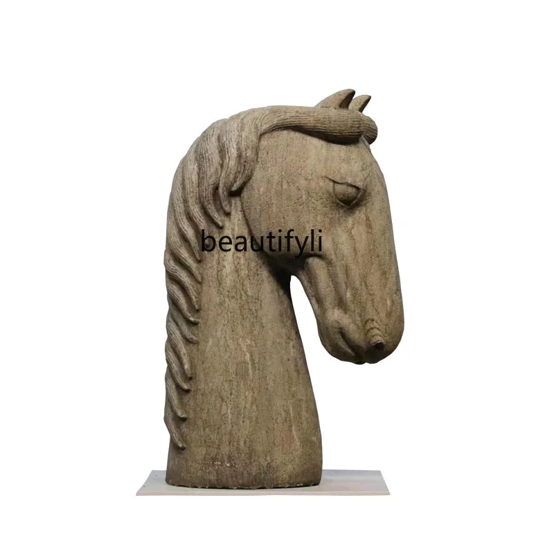 

Stone carving bluestone horse head antique and old art decoration indoor private room coffee table ornament