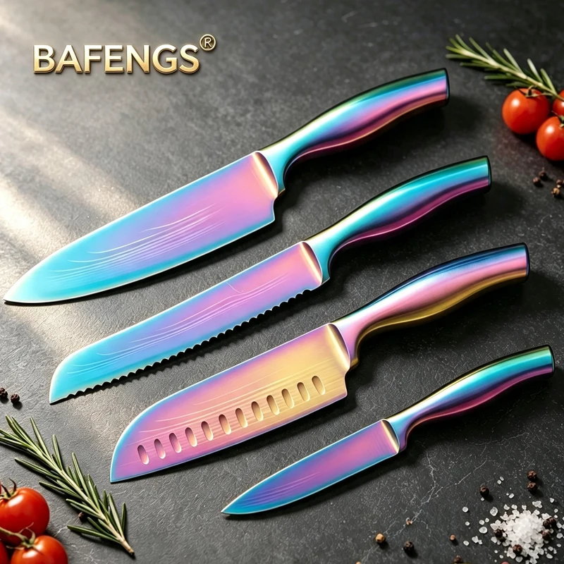 Juego de Cuchillos Bafengs Rainbow, Patrón Damasco Grabado con Láser, Cuchillos de Acero Inoxidable, Cuchillo de Chef, Cuchillo para Pan, Cuchillo Santoku, Cuchillo Multiusos, Tijeras de Cocina