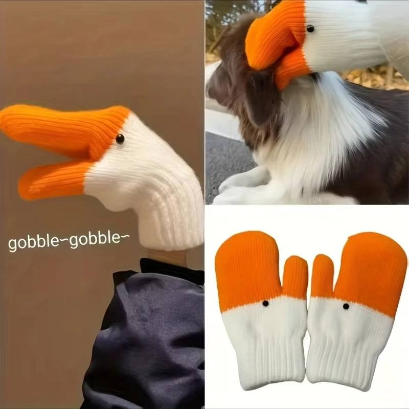 Lustige gestrickte Gänsewollhandschuhe für Herbst und Winter, süß mit dickem Samt zum Schutz vor Kälte und Wärme, doppellagige Handschuhe