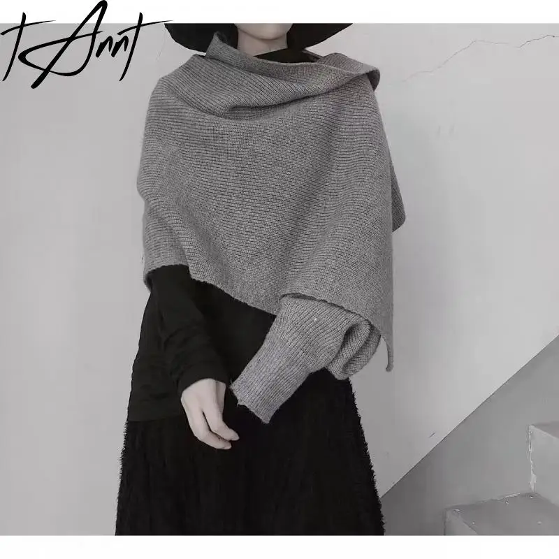 GetSpring Women Knitted Scarf 2024 Autumn Winer Long Sleeve Simple Solid Shawl Multifunctional All Match Fashion Warm Knit Tops