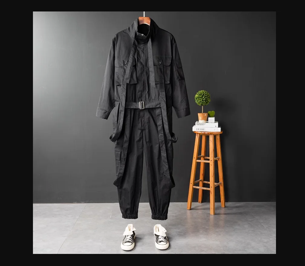 High Street Men Overall Jumpsuit Hip Hop Streetwear Ankle Banded Pants Cargo Pants Fashion Costume Coverall Drawstring Beam Feet