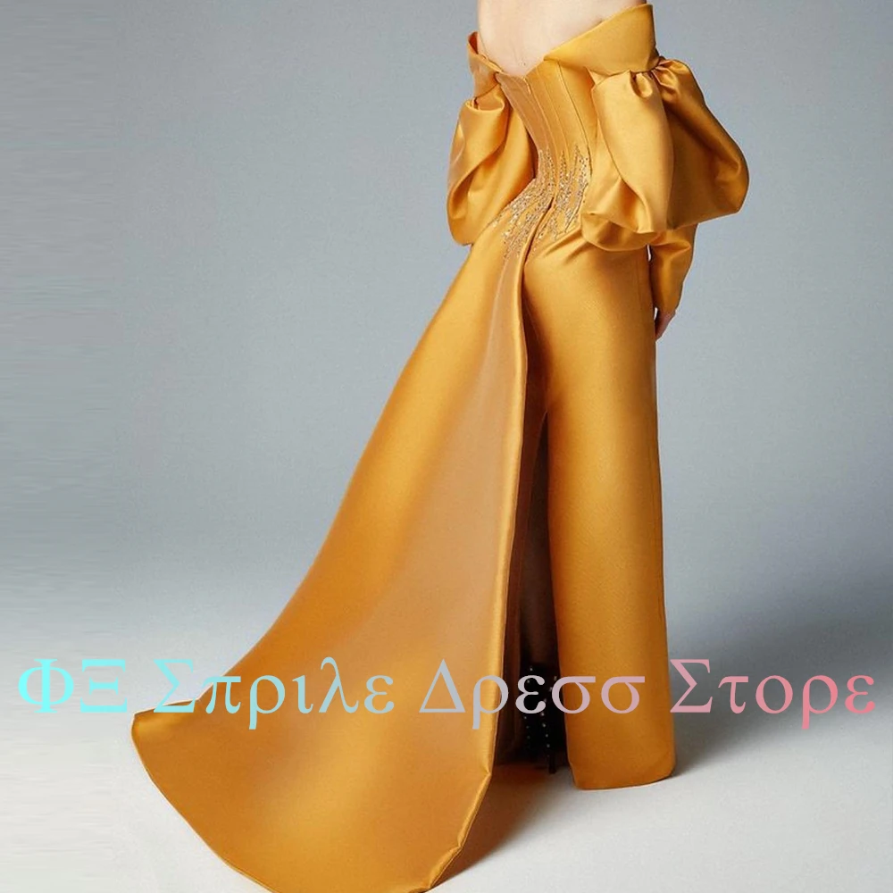 Zipper Back Sequined Panel Train Straight Puff Sleeves Back Slit Luxury Evening Dress Floor Length Strapless Satin Long Sleeves