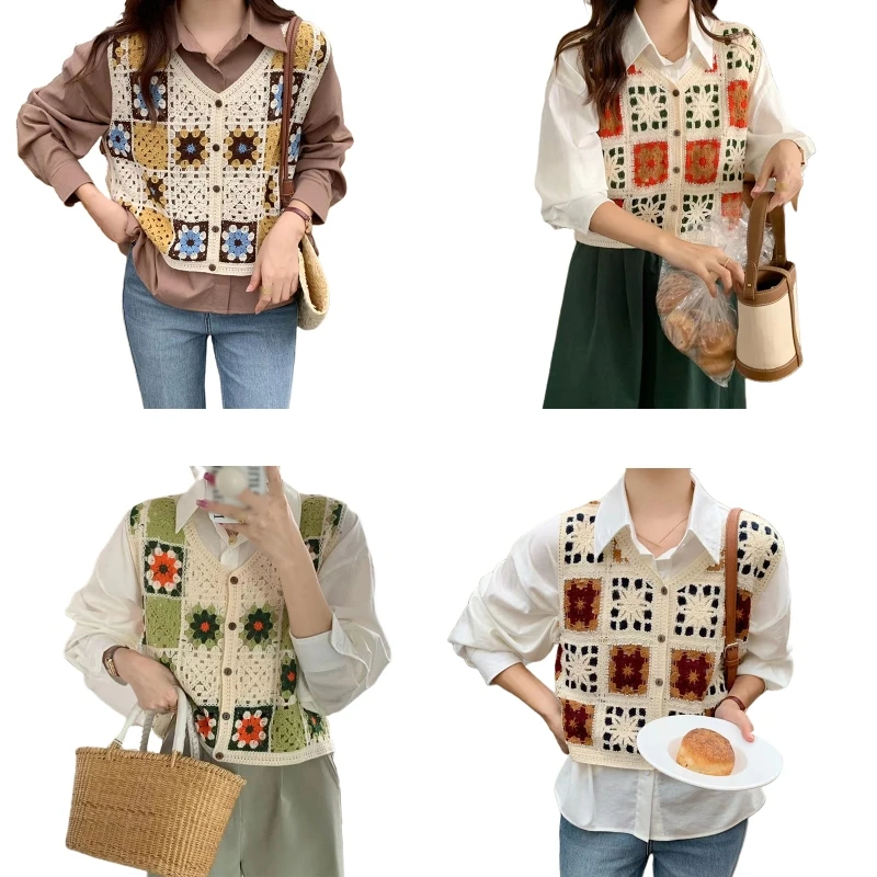 

Elegant Hollow Floral Waistcoat Women Buttons Front Camis Tops Crochet Ethnic Style Sweater Vest for Summer Autumn Daily